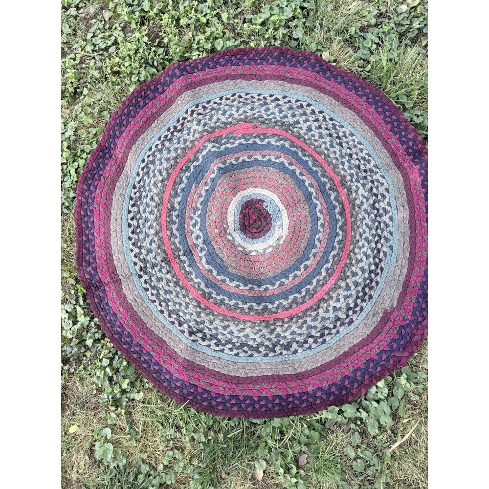 Vintage Braided Round Rag Rug 49" Handmade Farmhouse Folk Art